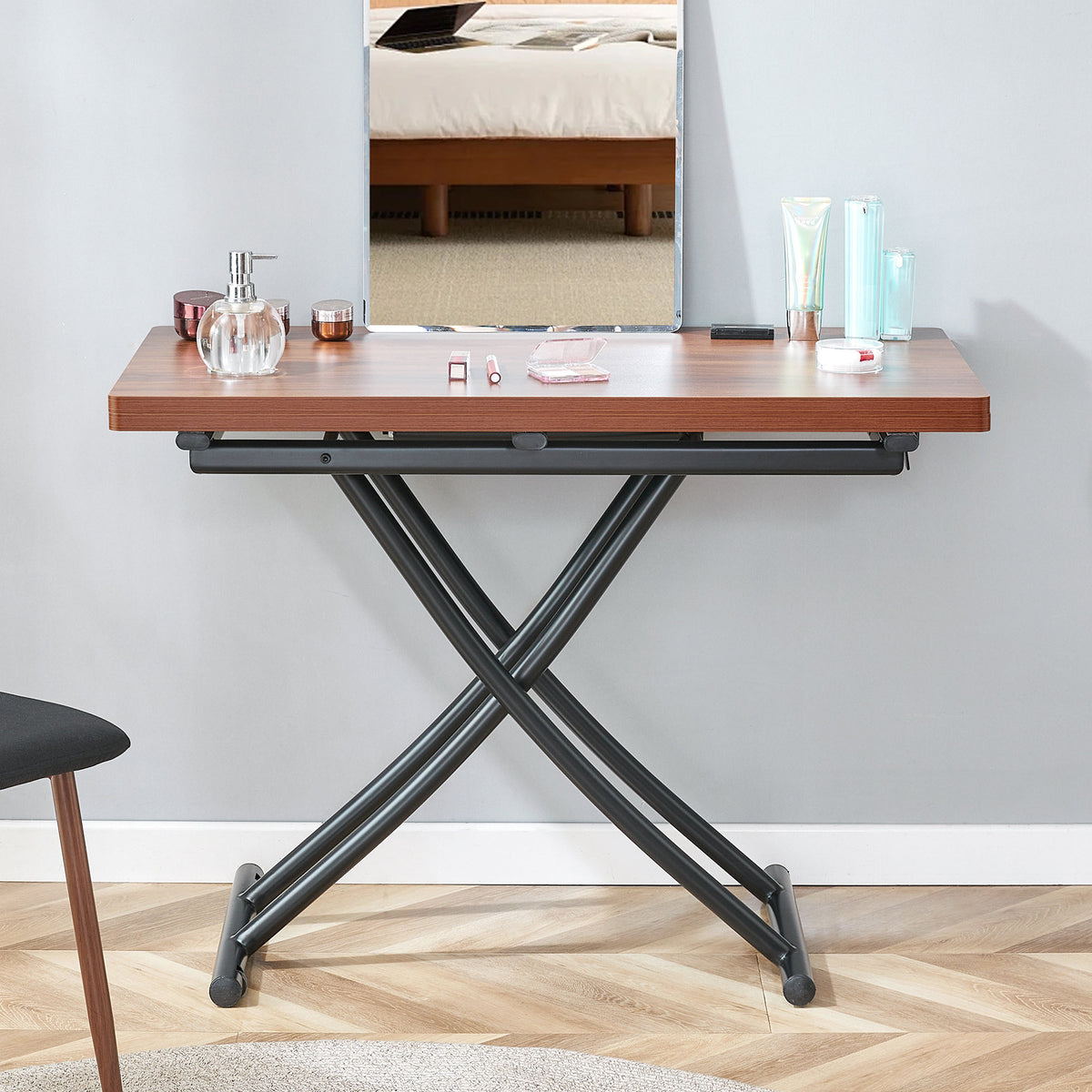 Modern minimalist multifunctional lift table with 0.8 inch thick MDF desktop and black metal legs, can be used as a dressing table, coffee table, dining table, and office table.Walnut textured desktop