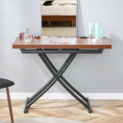 Modern minimalist multifunctional lift table with 0.8 inch thick MDF desktop and black metal legs, can be used as a dressing table, coffee table, dining table, and office table.Walnut textured desktop