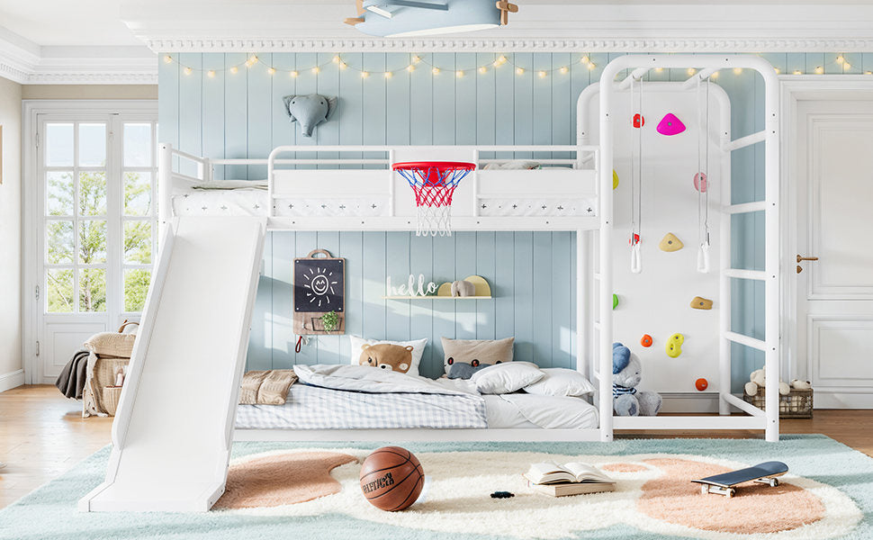 Twin size metal loft/bunk bed with basketball hoop, pull-up rings, climbing wall, and built-in bookshelves. Playful children's design featuring a slide,White.