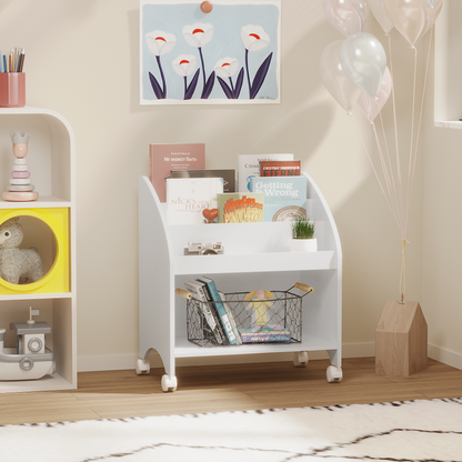 Kids Bookshelf with Wheels, 3-Tier Front Display Bookcase, MDF Rolling Book Organizer with 360° Lockable Casters, Children Storage Shelf for Nursery Bedroom Playroom
