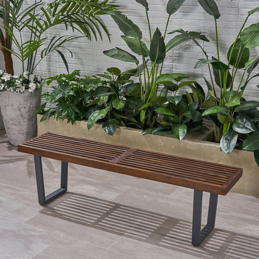 JOA Patio Dining Bench, Acacia Wood with Iron Legs, Modern, Contemporary, Dark Brown and Black