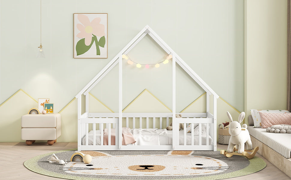 Twin Wood House-Shaped Floor Bed with Fence, Guardrails, White