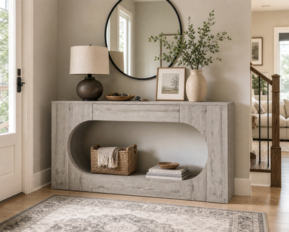 Modern Grey Wood Grain Console Table, Particle Board Entryway Table with Storage Drawer, Hollow Oval Cutout Narrow Sofa Accent Table for Hall Foyer Li