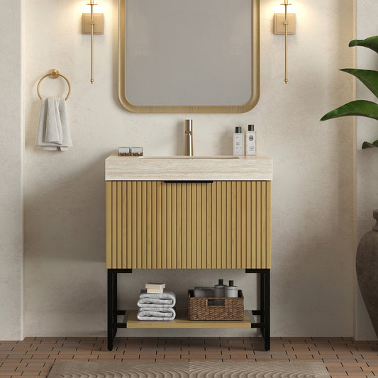 YOLAN 30" Bathroom Vanity&Sink, Freestanding Striped Plywood Storage Cabinet with Drawer&Open Shelf, Roma Travertine Sintered Stone Top&Undermount Ceramic Basin, Pre-assembled, Corolla Oak Woodgrain