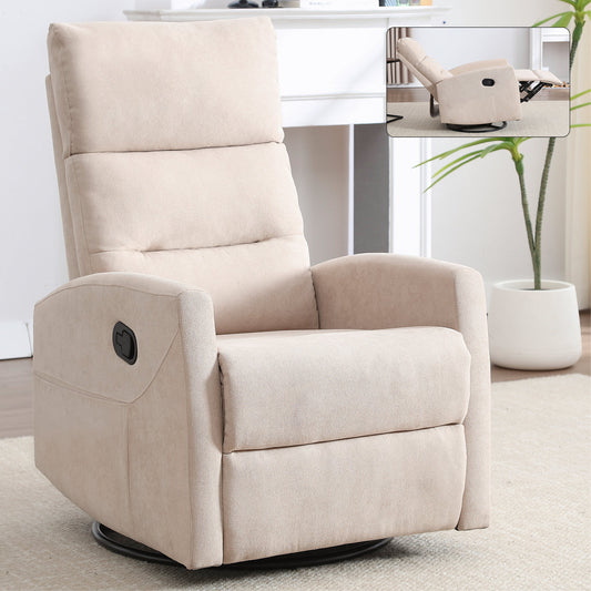 Manual Recliner Chair with Rocker and Swivel in Fabric, Beige