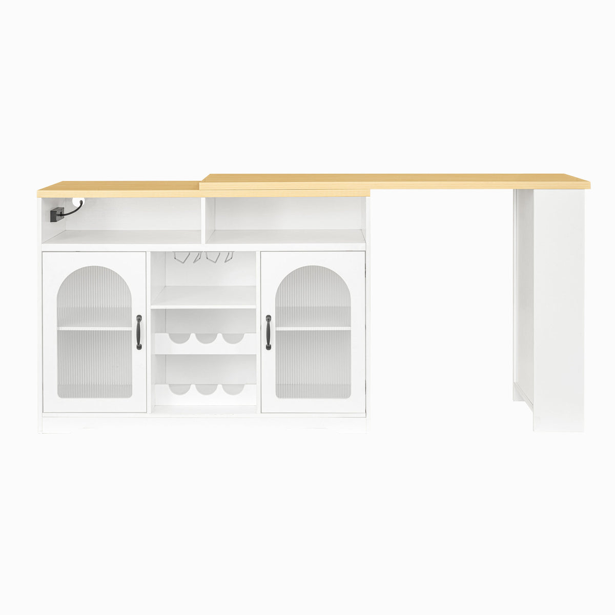 U_STYLE Sideboard with Extendable Tabletop and Wine Rack, Counter Height Bar Table with Color LED Lighting and Left-side Power Outlet, Mobile Farmhouse Wine Cabinet Cart on Wheels (Chairs Not Included
