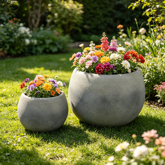 Large Round Planters Set of 2 ( 18.3" x13.38'' & 9.44"x12.4" ) - Lightweight Magnesium Oxide Plant Pot with Texture -Concrete Planter Pots with Drainage Hole – Indoor & Outdoor Use
