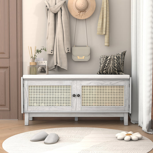 TREXM Boho Rattan Entryway Bench with Storage, Cushioned Shoe Bench with Double Doors, Wooden Shoe Organizer Bench for Entryway and Hallway (Gray Wash+Beige )