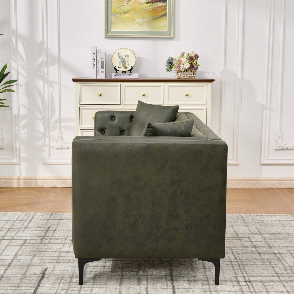 83" Tech Fabric Sofa with Metal Legs, 3 Seater Modern Upholstered Sofa, Mid-Century Modern Sofa with Button Tufting, Living Room, Apartment, Office, Green.
