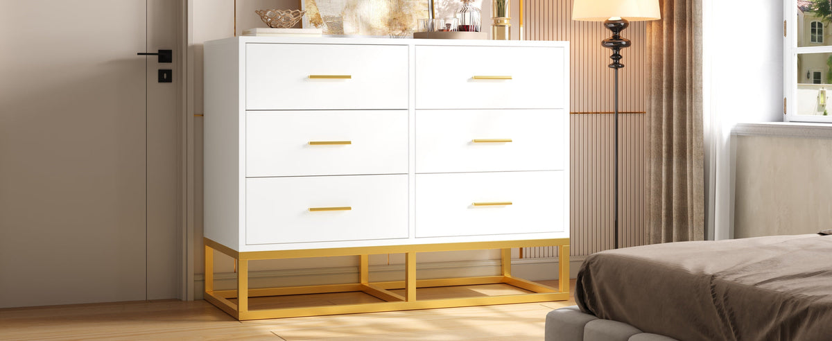 Modern 6 Drawer Dresser with Gold Metal Legs, Large Storage Chest of Drawers for Bedroom, Contemporary Wood Cabinet with Gold Handles, High-gloss White Finish