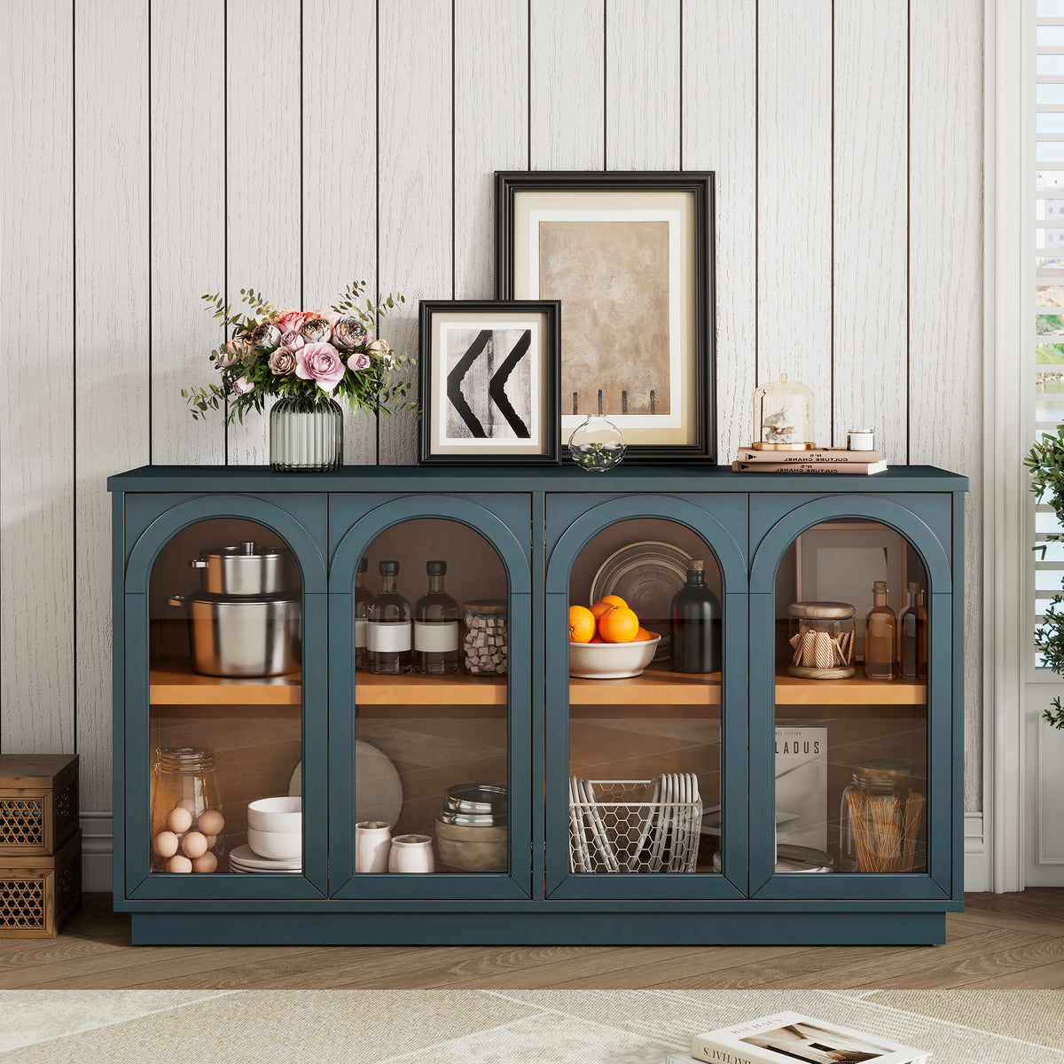 TREXM 4-Door Large Storage Buffet Cabinet with Glass Doors, Arched Cabinet with Adjustable Shelves - Navy