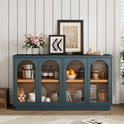 TREXM 4-Door Large Storage Buffet Cabinet with Glass Doors, Arched Cabinet with Adjustable Shelves - Navy