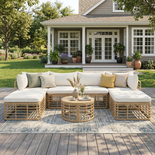GO 7 Pieces Outdoor Patio Furniture, All-Weather Rattan Sectional Sofa Set with Thick Cushions and Pillows