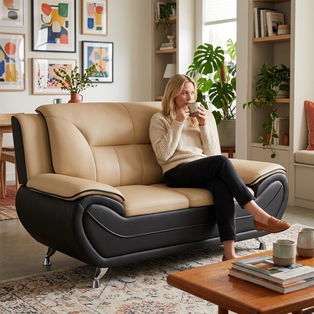 Modern Contemporary Bonded Faux Leather Living Room Sofa, Cushioned Armrest Couch with Stainless Steel Legs, Minimalist Sturdy Upholstered Furniture for Living Room Apartment,Camel & Black