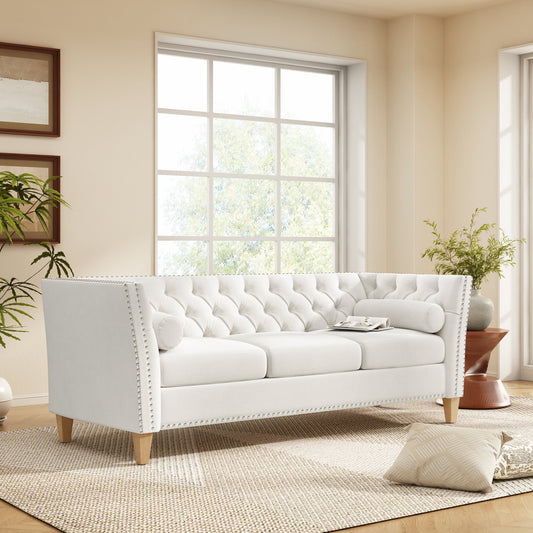 Elegant Transitional 3-Seat Sofa with Flared Arms, Nailhead Trim & Solid Wood Legs, Comfortable Couch