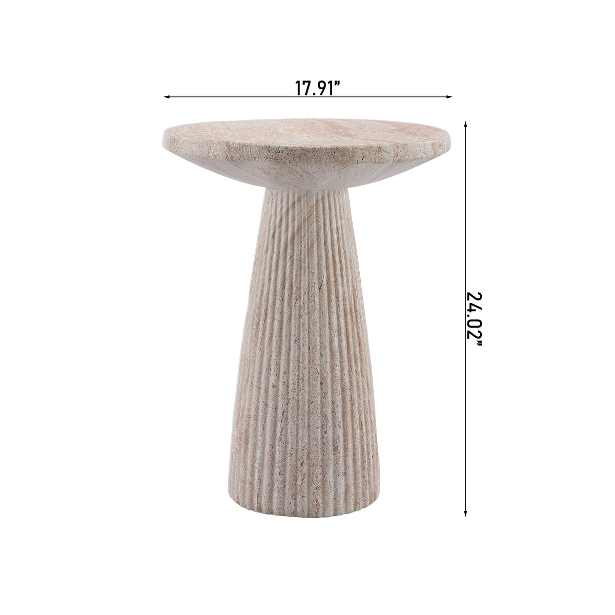 Fluted Pedestal Round Coffee Table, MgO Faux Travertine Accent Coffee Table, Indoor & Outdoor Decorative Table for Living Room Backyard Patio, Top Dia 17.91" x H 24.02"