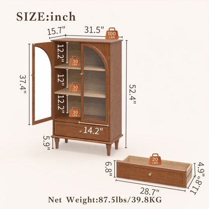 Vintage Farmhouse Arched Glass Accent Cabinet, MDF Real Wood Veneer Display Storage Cabinet with Solid Wood Legs, Adjustable Shelves & Drawer, Antique Glaze Finish