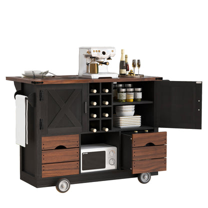 K&K 54" Farmhouse Kitchen Island with Drop Leaf, Power Outlet, Kitchen Storage Cart with 2 Doors, 2 Drawers