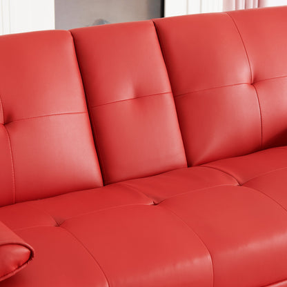 67-inch Red Leather Multifunctional Double Folding Sofa Bed with Coffee Table for Office Use