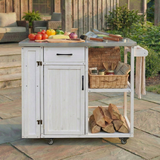 Outdoor Kitchen Island White Fir Wood Prep Station with Stainless Steel Top, Lockable Wheels, Towel and Spice Racks, 40.5L x 18.5W x 35.6H