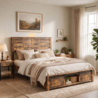 Queen Bed Frame with Upholstered Headboard and Wood Platform,Storage Headboard with Charging Station and LED,  Bed Frame with Pet Bed,No Noise, No Box Spring Needed,Easy Assembly,Antique Brown