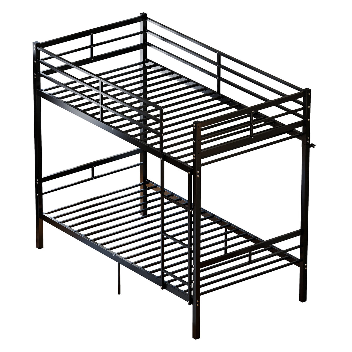 Metal bunk bed (single bed), suitable for children/teenagers/adults. 14.17-inch high guardrails. Single bunk with 19 crossbars and a weight capacity of over 400 lbs. Under-bed storage. Black.