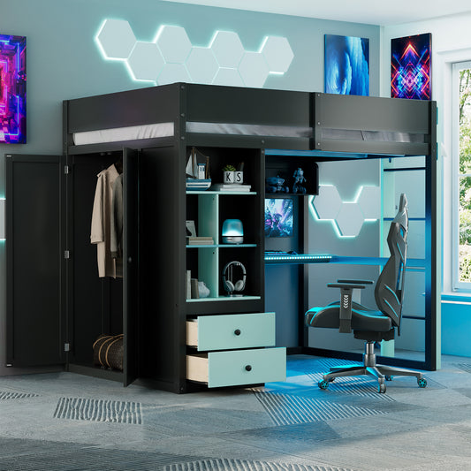 Full Size Solid Wood Loft Bed with Desk,Storage Cabinet,and Wardrobe, High Loft Bed with Smart APP Control LED Light Strip, USB Charging Ports, Black+Blue
