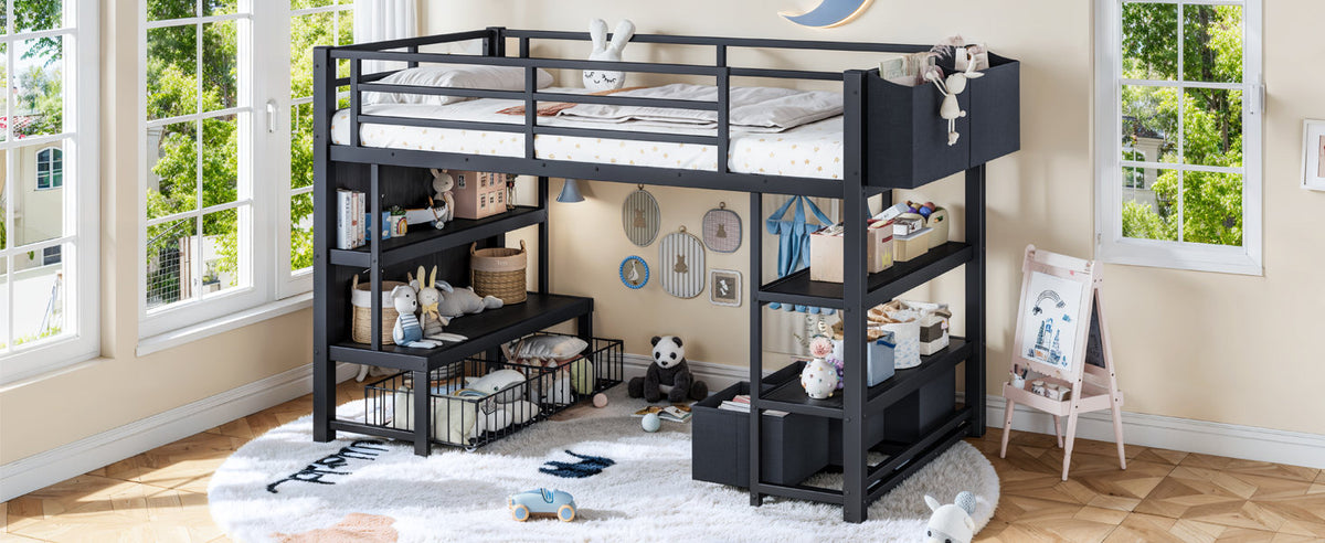 Twin Metal Low Loft Bed for Kids, Low Loft Bed with Storage Drawer, Low Loft Bed with Bookshelf & Storage Bag, Sturdy Low Loft bed Frame with Open Storage Space for Bedroom, Black