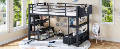 Twin Metal Low Loft Bed for Kids, Low Loft Bed with Storage Drawer, Low Loft Bed with Bookshelf & Storage Bag, Sturdy Low Loft bed Frame with Open Storage Space for Bedroom, Black
