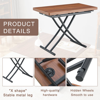 Modern minimalist multifunctional lift table with 0.8 inch thick MDF desktop and black metal legs, can be used as a dressing table, coffee table, dining table, and office table.Walnut textured desktop