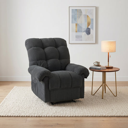 Dark Gray Recliner  Chair, Overstuffed Armchair, Manual Recliner, Living Room Seating, Reading Chair, Padded Footrest, Home Theater Seating, Ergonomic Lounge Chair, Soft Fabric Recliner,  Furniture.