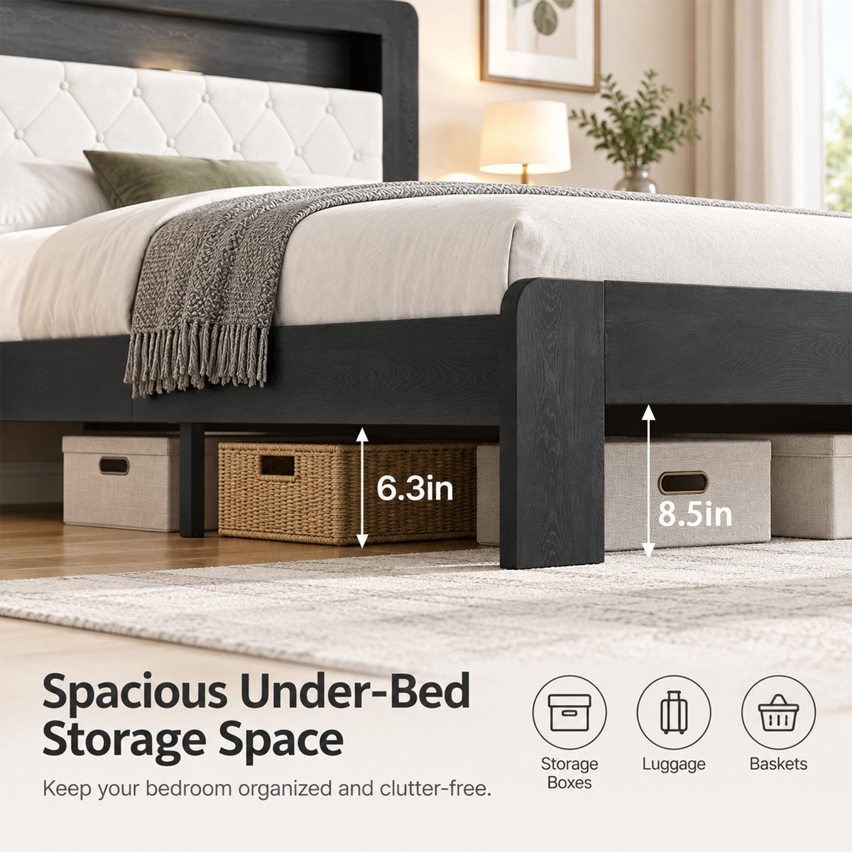 Queen Platform Bed Frame, Black Wood Look Frame with Soft Velvet , Sturdy Wood Slat Support System, Easy to Assemble, No Box Spring Required, Luxury Bedroom Furniture