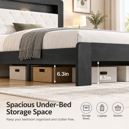 Queen Platform Bed Frame, Black Wood Look Frame with Soft Velvet , Sturdy Wood Slat Support System, Easy to Assemble, No Box Spring Required, Luxury Bedroom Furniture