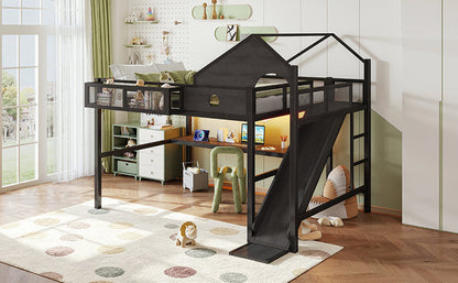Queen Size Multifunctional Loft Bed with Slide, Desk,and Storage Shelves, Metal Loft Bed Frame With USB Ports And Led Lights, Triangular Geometry House Design, Black