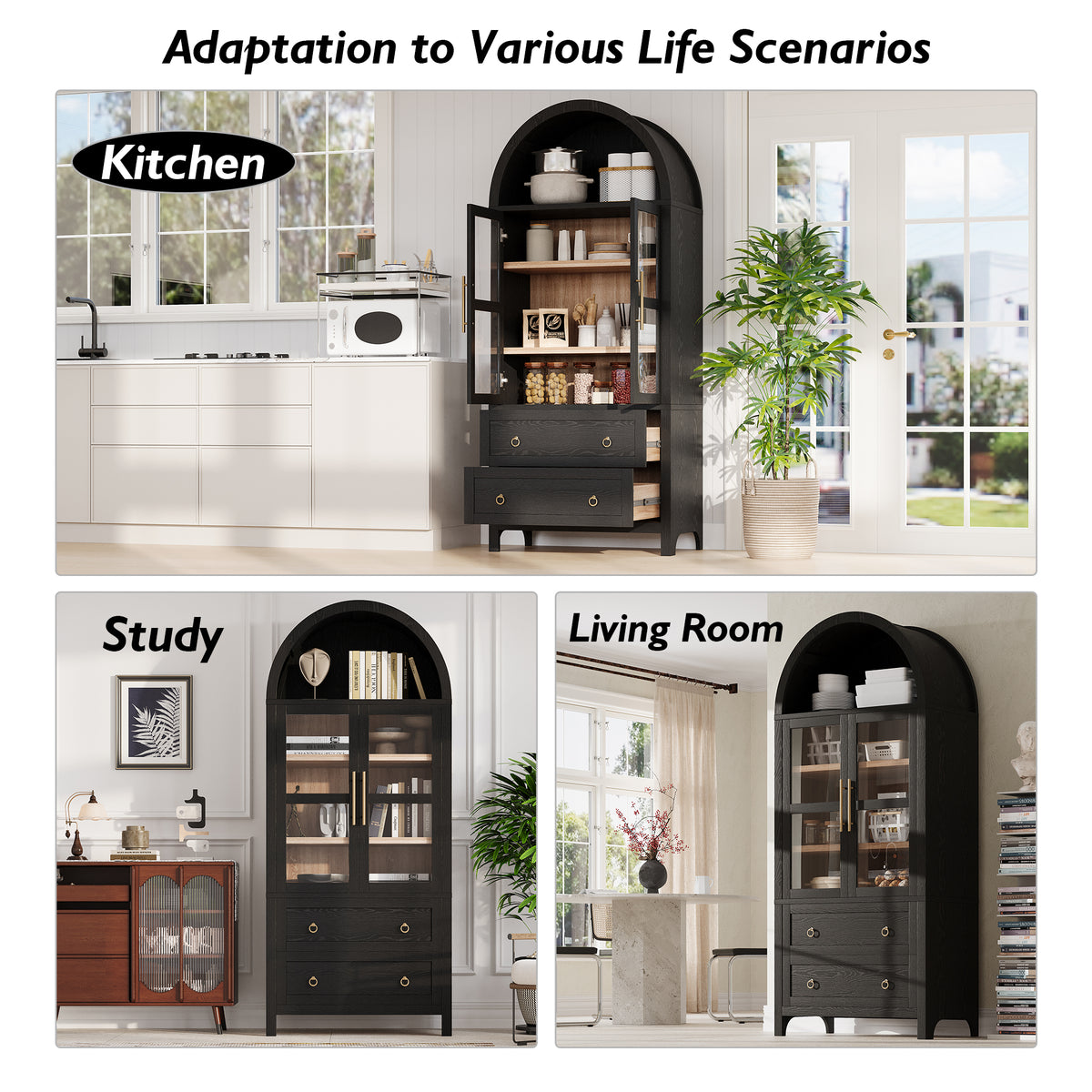 K&K 71" Tall Arched Kitchen Pantry Cabinet with 2 Large Drawers, Modern Farmhouse Kitchen Storage Cabinets with Adjustable Shelves