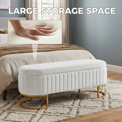 Storage Bench Bedroom Bench, Velvet Oval Upholstered End of Bed Bench with Golden Metal Legs, Modern Storage Ottoman Bench for Bedroom, Living Room, Entryway,Window,Ivory