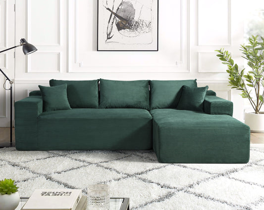 2-Piece Convertible Corduroy L-Shaped Sofa in a Box with Pillows, 3-Seater Modular Sectional Couch, Compressed Living Room Furniture, Dark Green (Right Facing)