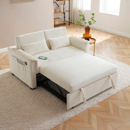 55' Velvet Two Seater Pull Out Sofa Bed, Adjustable Backrest With  USB Ports, Two Side Pockets, 3 in 1 Convertible Sleeper Sofa Bed, Modern Love Seat Lounge,2 waist pillows for living rooms,BEIGE