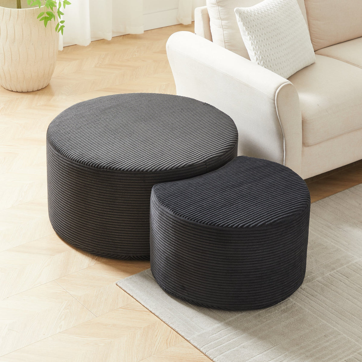 Modern Upholstered Round Coffee Table Set of 2 in Black, Corduroy Fabric, No Assembly, Perfect for Living Room or Bedroom