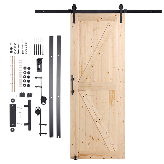 Barn Door and Hardware Kit, 30' x 84' Wood Sliding Barn Door, Smoothly and Quietly, Barn Door Kit with 8-in-1 Floor Guide and Door Handle, Spruce Wood Panelled Slab, Easy to Install