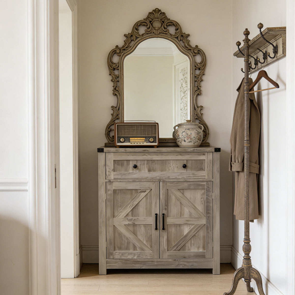 Light Gray-Washed Wood Farmhouse Barn-Door Storage Cabinet, Coffee Bar Buffet Sideboard with Drawer