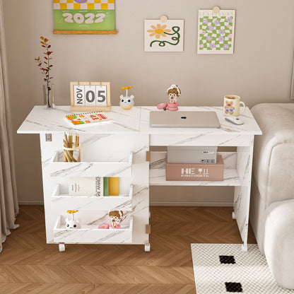 4-in-1 Folding Sewing Table with Lockable Wheels – Multi-Functional Craft Station, End Table, Computer Desk & Kitchen Storage with Shelves, White Rolling Sewing Machine Table for Apartments