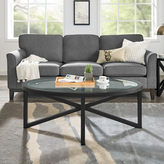 Modern simple glass coffee table, tempered glass coffee table solid wood base round transparent glass top modern living room terrace study