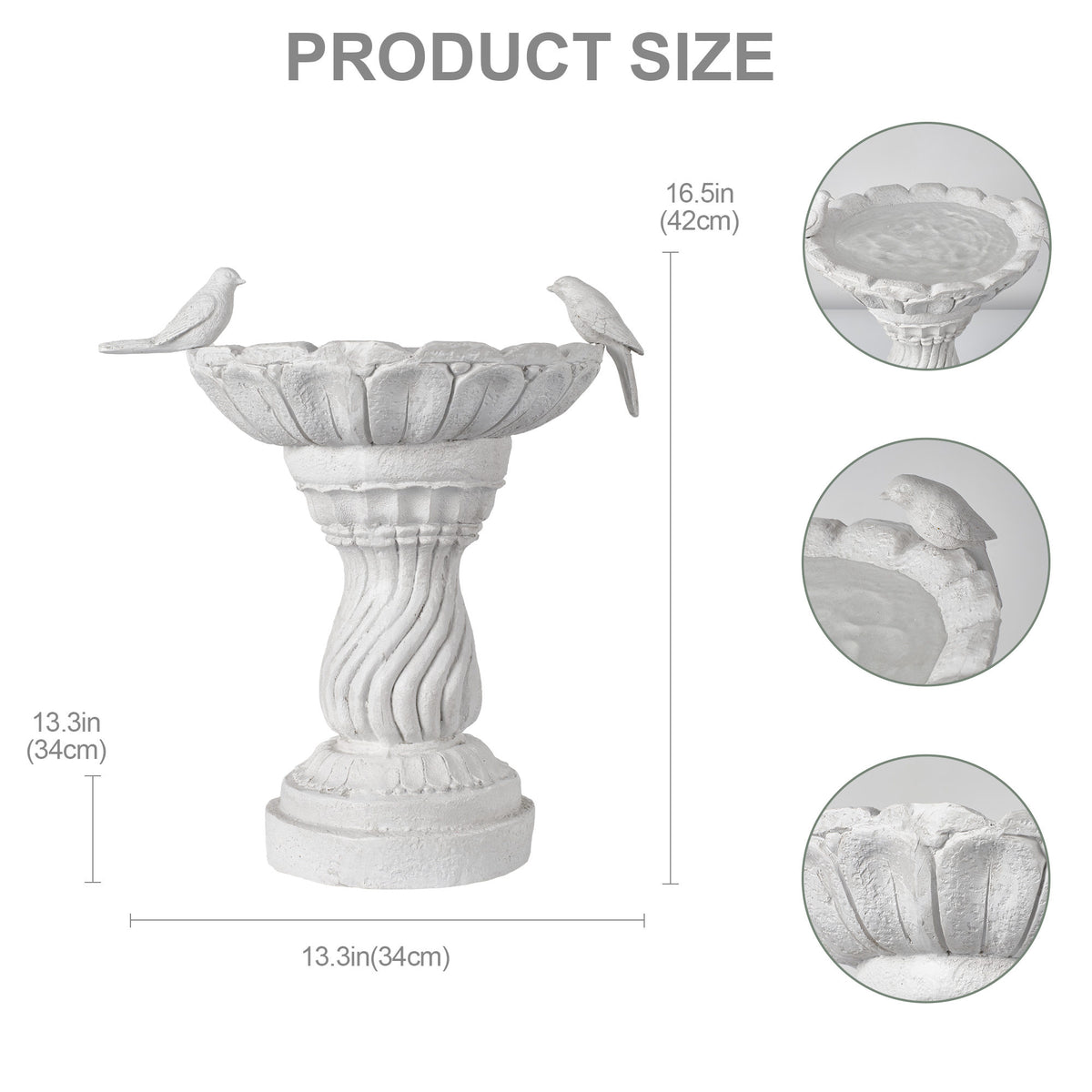 16.54' Garden Bird Bath Statue, Magnesium Oxide White Pedestal Birdbath, Outdoor Bird Water Bowl with Bird Sculpture, Yard Lawn Patio Ornament, Gift for Garden & Bird Lovers
