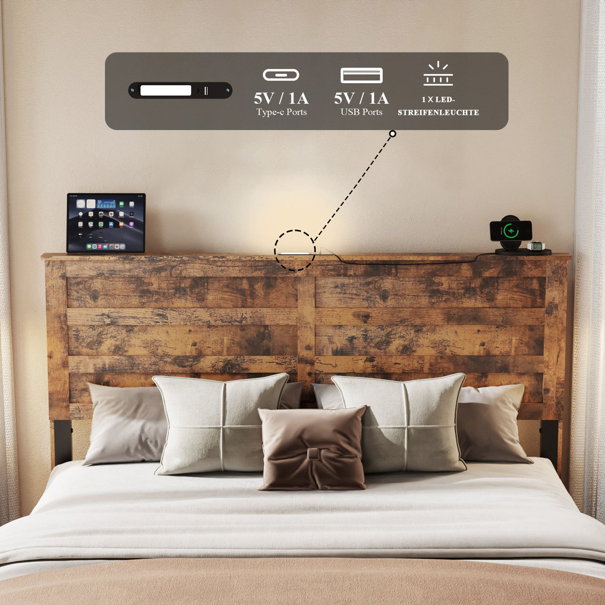Queen Bed Frame with Upholstered Headboard and Wood Platform,Storage Headboard with Charging Station and LED,  Bed Frame with Pet Bed,No Noise, No Box Spring Needed,Easy Assembly,Antique Brown