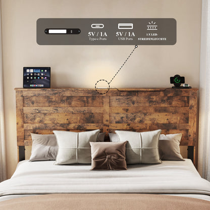 Queen Bed Frame with Upholstered Headboard and Wood Platform,Storage Headboard with Charging Station and LED,  Bed Frame with Pet Bed,No Noise, No Box Spring Needed,Easy Assembly,Antique Brown