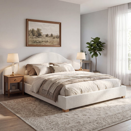 King Size Upholstered Bed Frame Wide & Curved Thick Headboard, Solid Rubber Wood Legs, Cream White