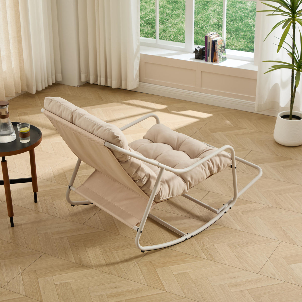 Outdoor Rocking Chair, Comfy Cushion, with Soft Thick Cushion,for Living Room, Bedroom, Reading Room, Beige Frame with Beige Cushion