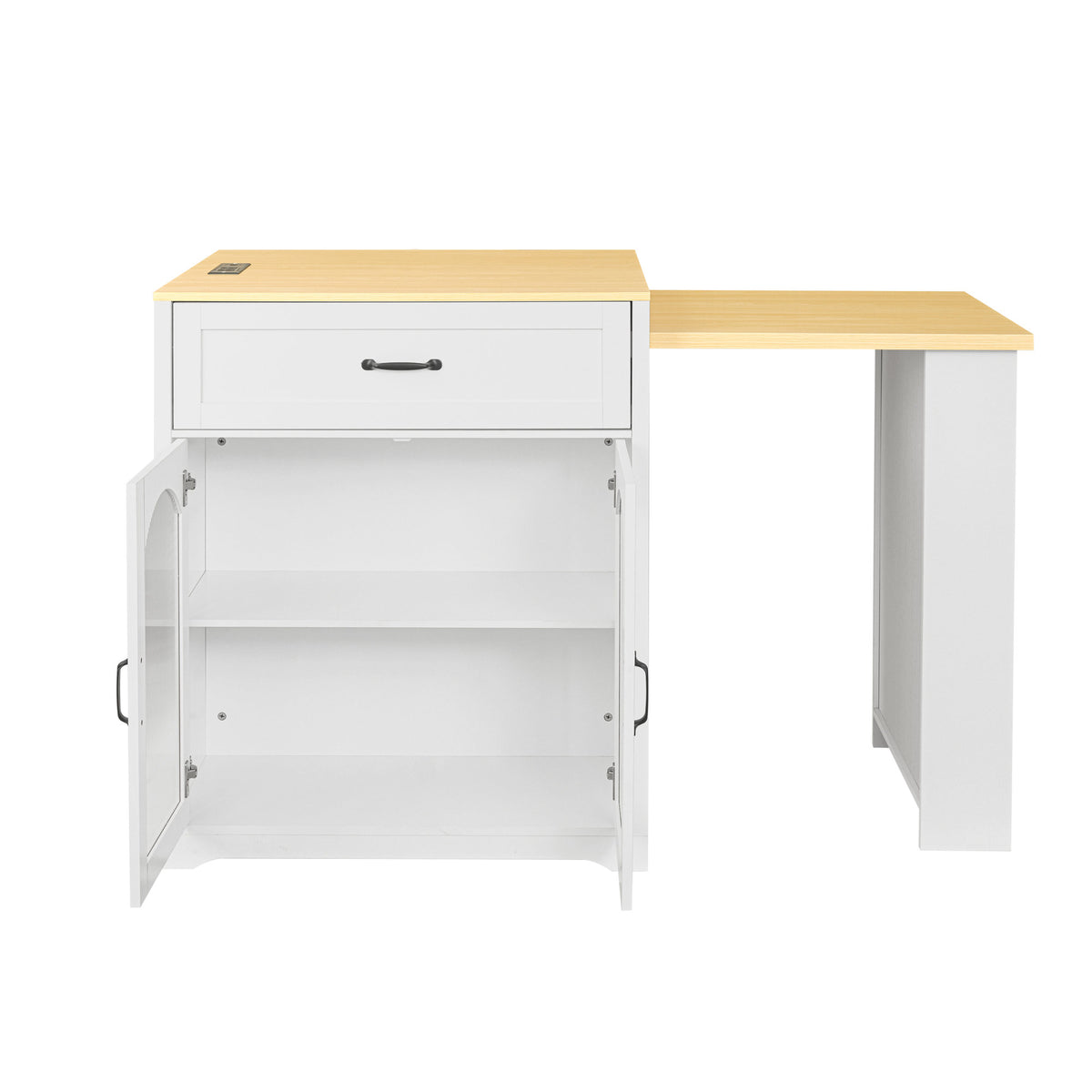 U_STYLE Extendable Counter Table with Wheels,Bar Table with Built-in Power Outlet,Farmhouse Wine Cabinet with Double-Sided Drawers,Suitable for Kitchen & Home Bar (Chairs Not Included)
