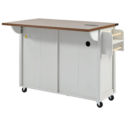 K&K 53.5''Farmhouse Kitchen Island with Power Outlet, Kitchen Storage Island with Drop Leaf, Spice Rack and Drawer